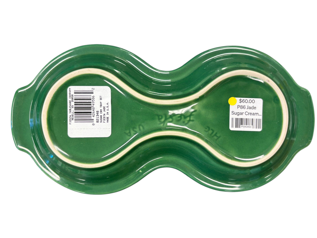 This is a Fiesta Fiestaware Creamer Pitcher Sugar Bowl with Lid on Figure Eight 8 Tray Set in jade lead-free, Post 1986, Retired Shape

