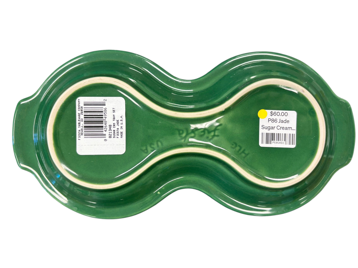 This is a Fiesta Fiestaware Creamer Pitcher Sugar Bowl with Lid on Figure Eight 8 Tray Set in jade lead-free, Post 1986, Retired Shape
