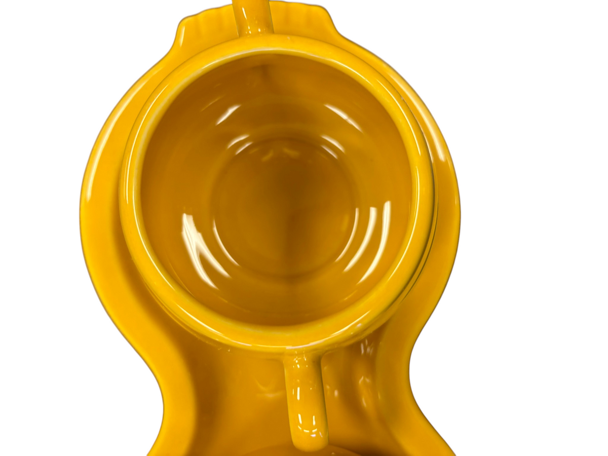 This is a Fiesta Fiestaware Creamer Pitcher Sugar Bowl with Lid on Figure Eight 8 Tray Set in marigold lead-free, Post 1986, Retired Color Retired Shape
