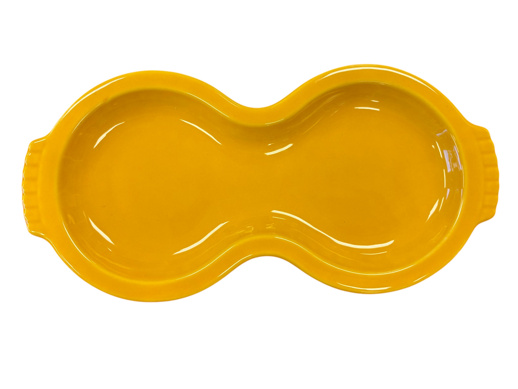 This is a Fiesta Fiestaware Creamer Pitcher Sugar Bowl with Lid on Figure Eight 8 Tray Set in marigold lead-free, Post 1986, Retired Color Retired Shape
