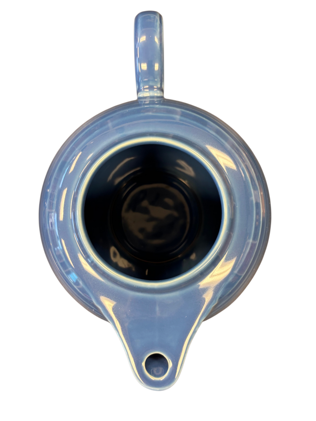 This is a Fiesta Fiestaware Five-cup 5-cup Ring Handled Tea Pot with Lid in Lapis. lead-free, Post 1986, Retired Shape
