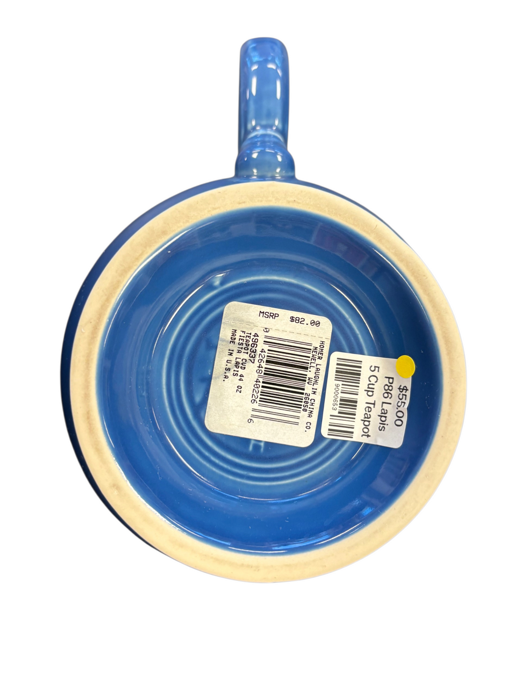 This is a Fiesta Fiestaware Five-cup 5-cup Ring Handled Tea Pot with Lid in Lapis. lead-free, Post 1986, Retired Shape
