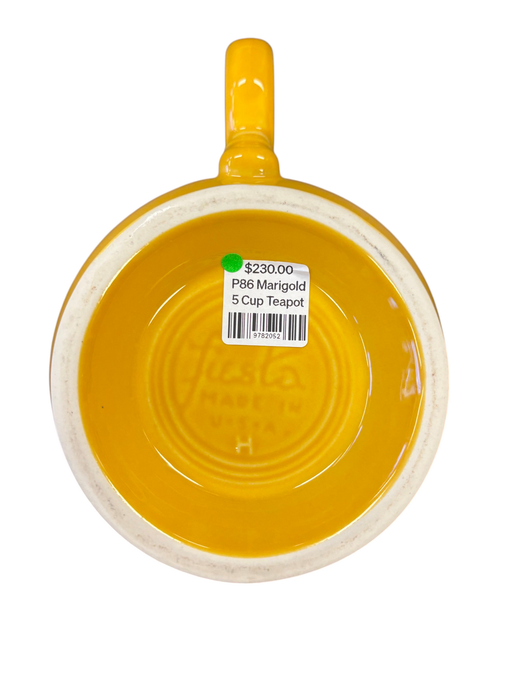This is a Fiesta Fiestaware Five-cup 5-cup Ring Handled Tea Pot with Lid in Marigold. lead-free, Post 1986, Retired Color Retired Shape
