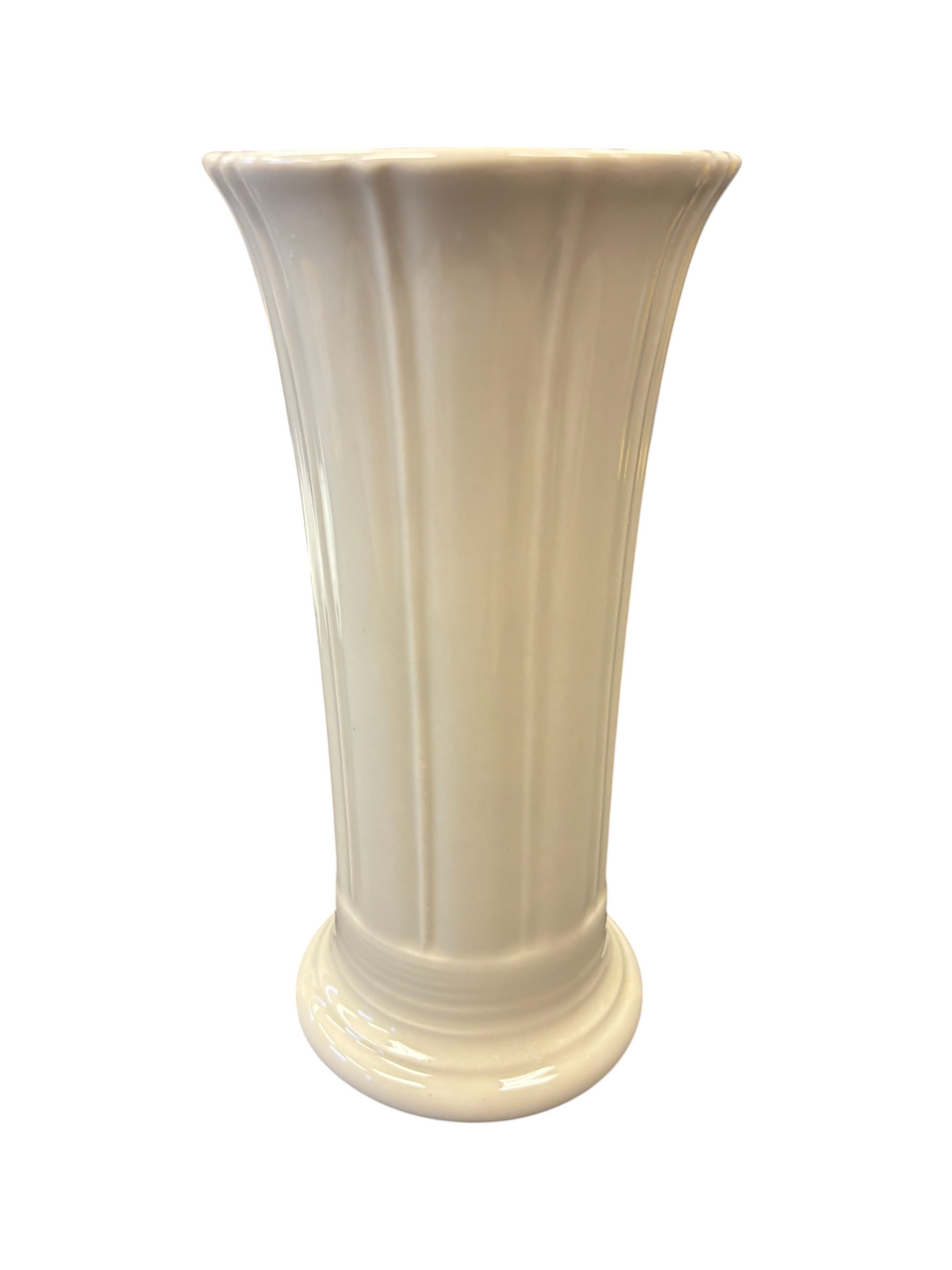 This is a Fiesta Fiestaware Small Flared Vase in Linen. 8" tall. lead-free, Post 1986, Retired Shape

