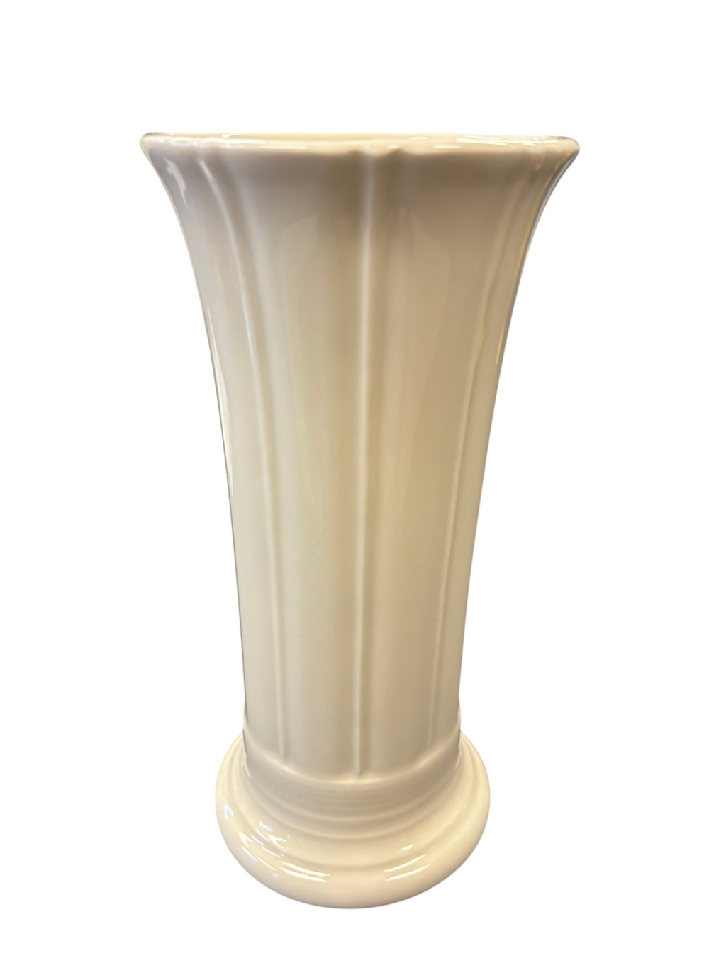 This is a Fiesta Fiestaware Small Flared Vase in Linen. 8" tall. lead-free, Post 1986, Retired Shape
