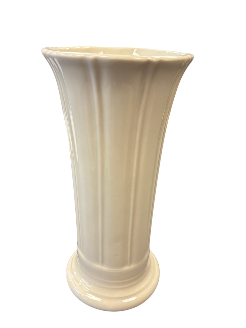 This is a Fiesta Fiestaware Small Flared Vase in Linen. 8" tall. lead-free, Post 1986, Retired Shape
