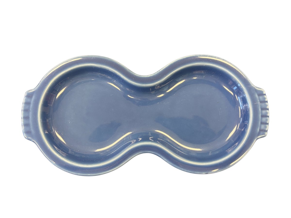This is a Fiesta Fiestaware Creamer Pitcher Sugar Bowl with Lid on Figure Eight 8 Tray Set in lapis lead-free, Post 1986, Retired Shape
