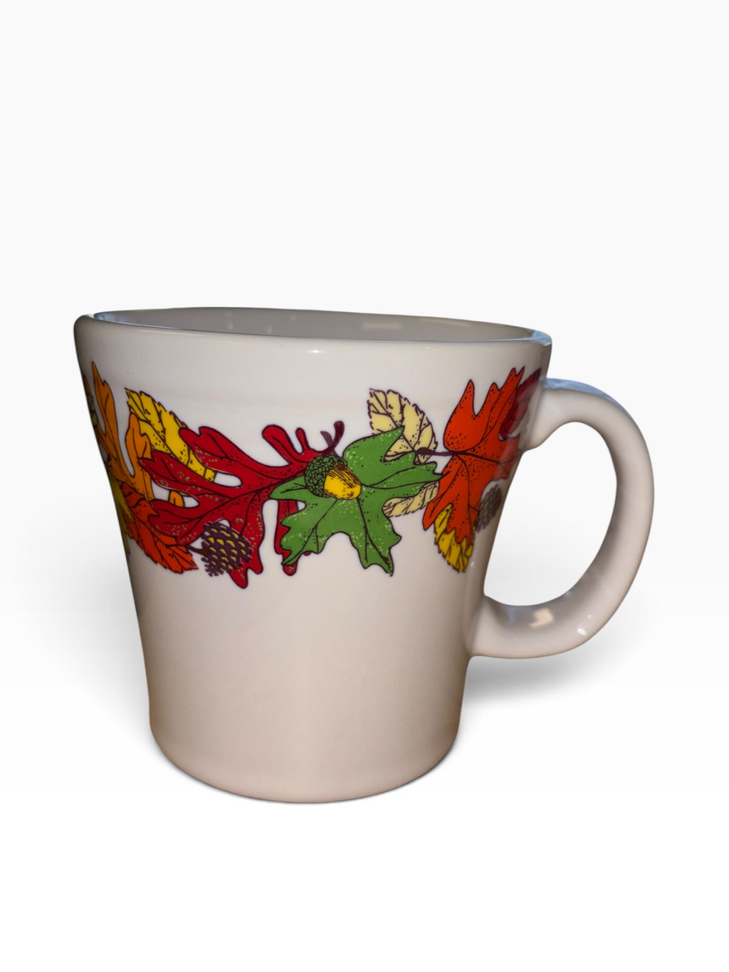 This is Fiesta fiestware Tapered Mug featuring the Fall Fantasy Brights decal on white. Lead free, post 1986,  retired decal, Halloween
