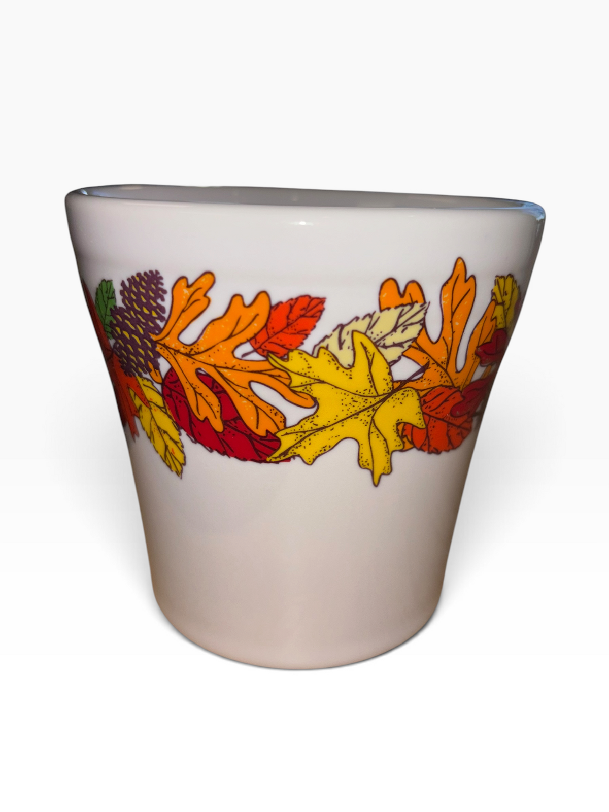 This is Fiesta fiestware Tapered Mug featuring the Fall Fantasy Brights decal on white. Lead free, post 1986,  retired decal, Halloween
