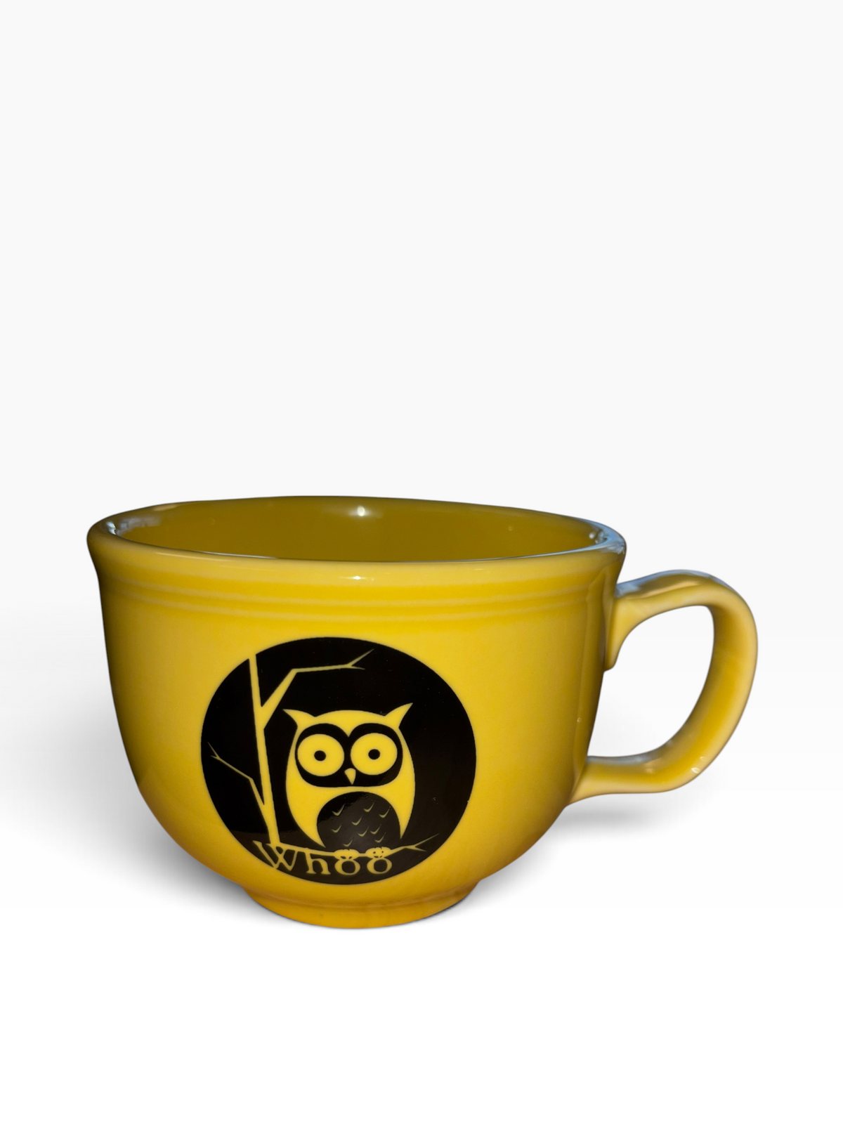 This is a Fiesta fiestaware Jumbo Mug featuring the Whoo Owl decal on sunflower. Lead free, Post 1986, Halloween, Retired Color, Retired Decal.
