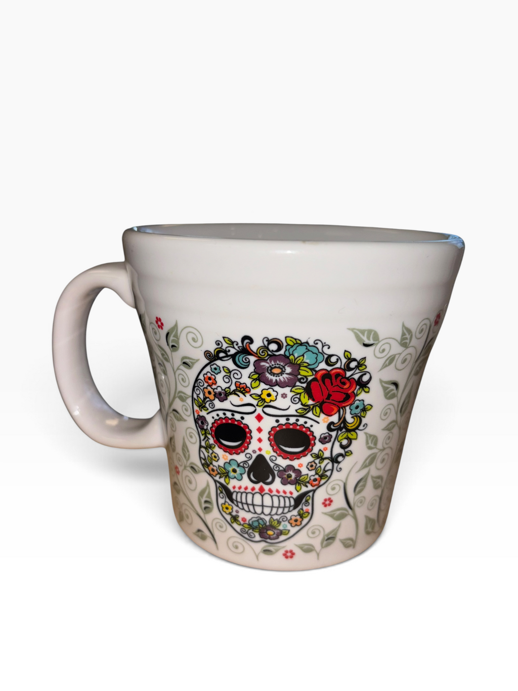 This is Fiesta fiestware Tapered Mug featuring the Skull & Vine decal on white. Lead free, post 1986,  retired decal, Halloween

