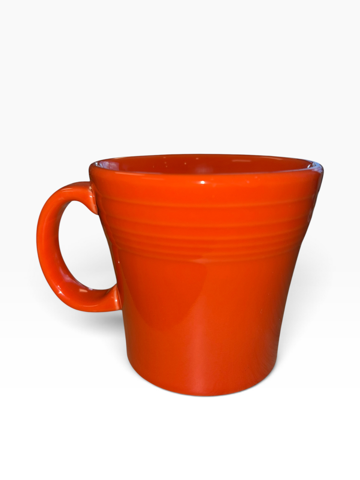 This is Fiesta fiestware Tapered Mug featuring the Trio of Geo Pumpkins decal on poppy. Lead free, post 1986,  retired decal, Halloween
