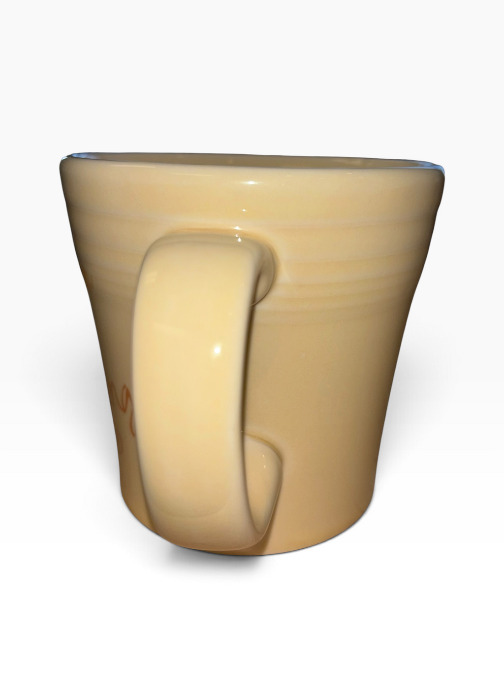 This is a Fiesta fiestaware Tapered Mug featuring the Pumpkin Spice and Everything Nice decal on Ivory. Lead free, Post 1986 Retired Decal, Retired Color, Fall, Pumpkin, Thanksgiving
