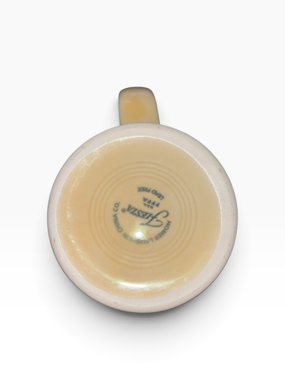 This is a Fiesta fiestaware Tapered Mug featuring the Pumpkin Spice and Everything Nice decal on Ivory. Lead free, Post 1986 Retired Decal, Retired Color, Fall, Pumpkin, Thanksgiving
