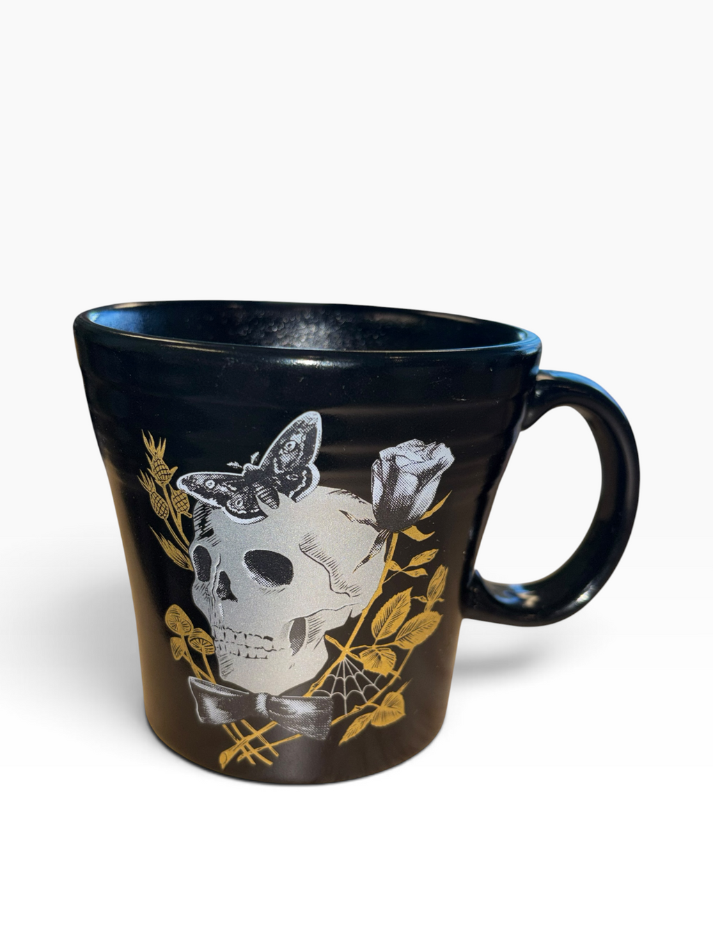 This is Fiesta fiestware Tapered Mug featuring the Gothic Victorian decal on black/foundry. Lead free, post 1986,  retired decal, Halloween
