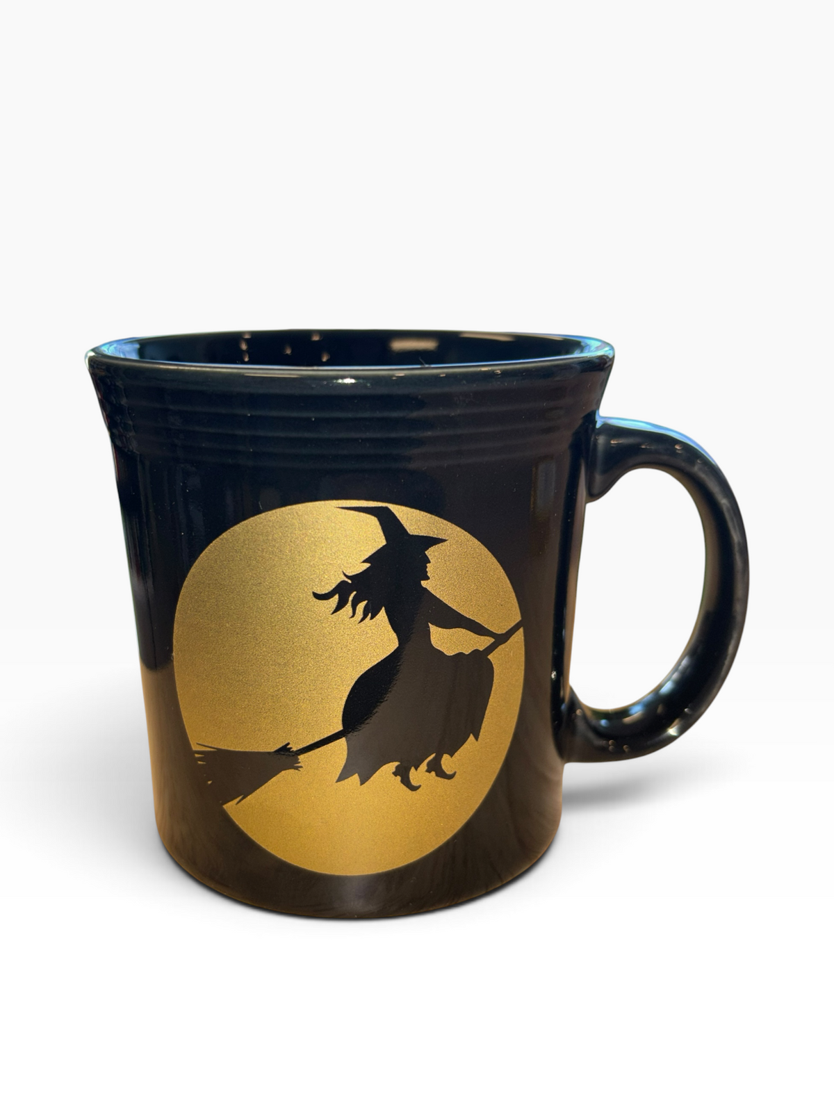 This is a Fiesta fiestware Java Mug featuring the Moon Lit Witch decal on black. Lead free Post 1986 Retired Color Retired Decal, Halloween
