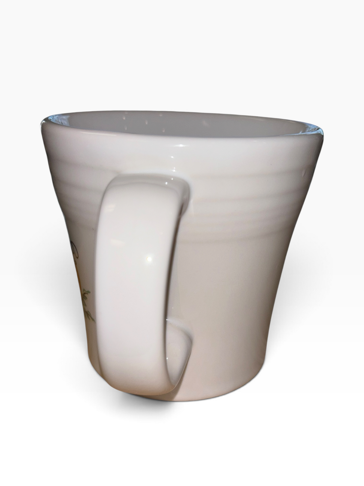 This is a Fiesta fiestaware Tapered Mug featuring the Belk Exclusive Pumpkin Trio decal on white. Lead free, post 1986,  retired decal, Halloween, Fall, Pumpkin, Thanksgiving
