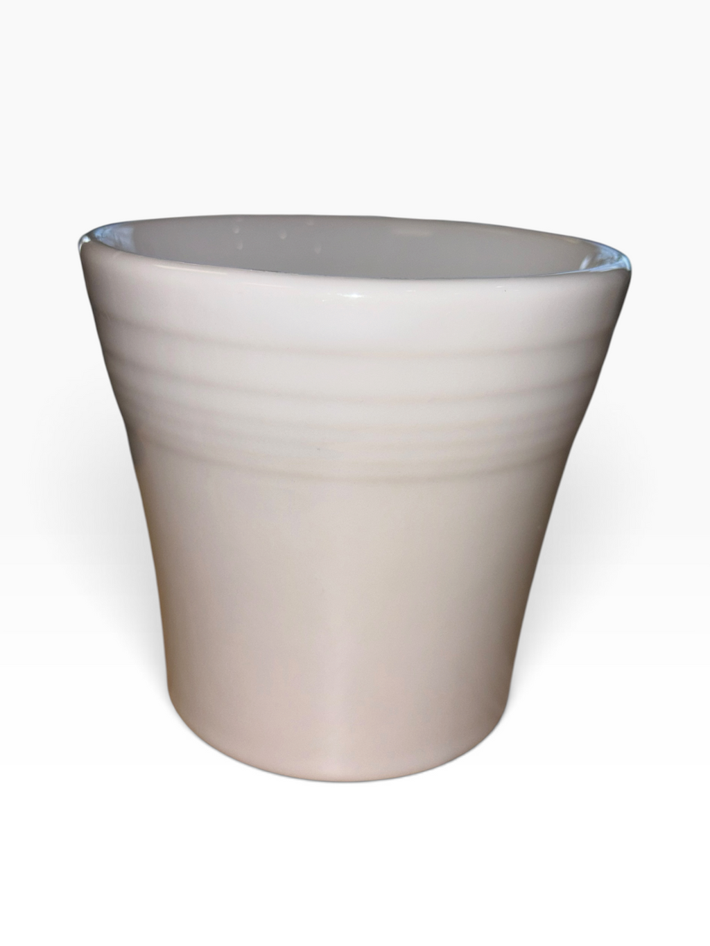 This is a Fiesta fiestaware Tapered Mug featuring the Belk Exclusive Pumpkin Trio decal on white. Lead free, post 1986,  retired decal, Halloween, Fall, Pumpkin, Thanksgiving
