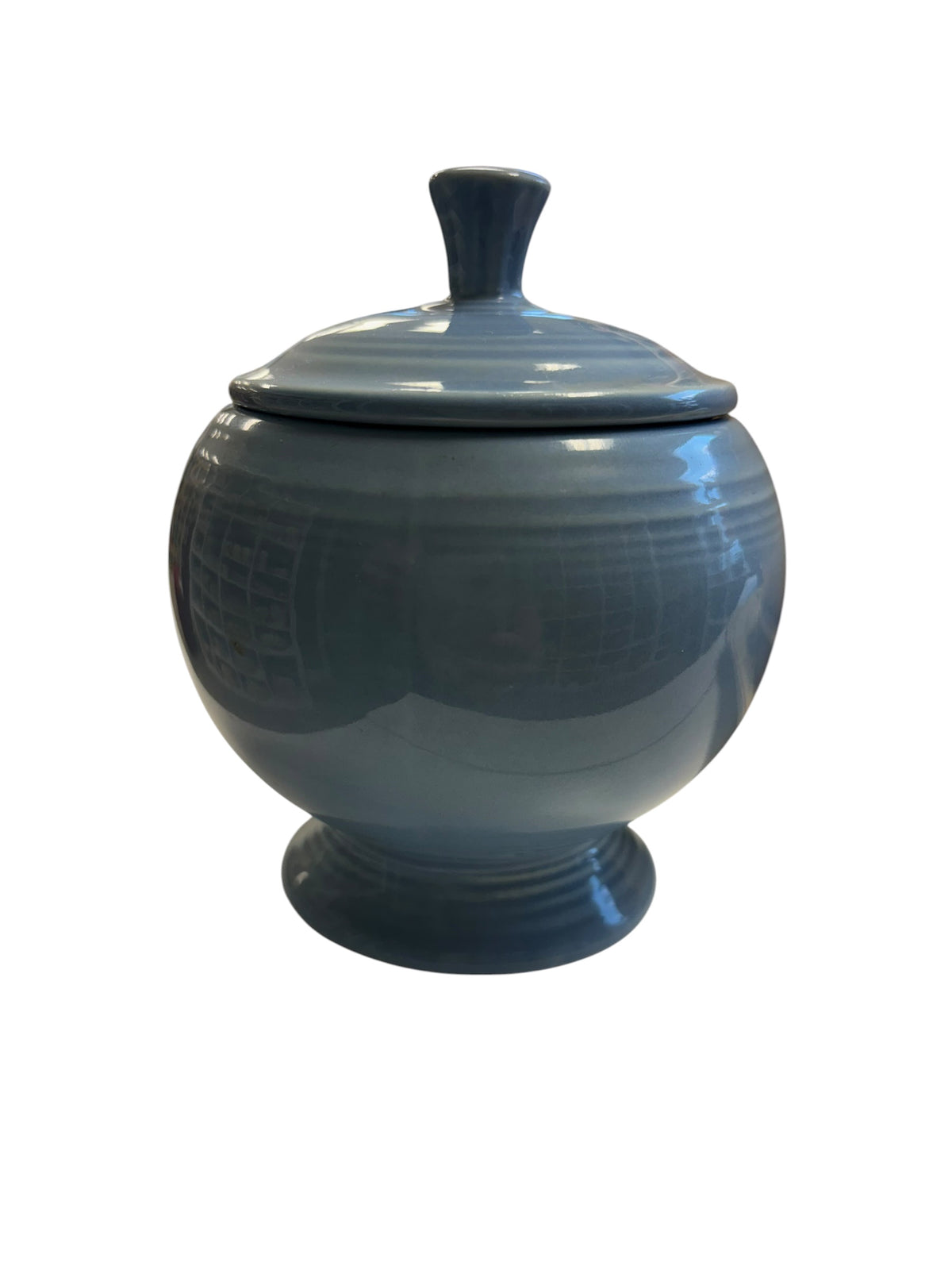 This is a Fiesta Fiestaware Individual Sugar Bowl With Lid in periwinkle. lead-free, Post 1986, Retired Color Retired Shape
