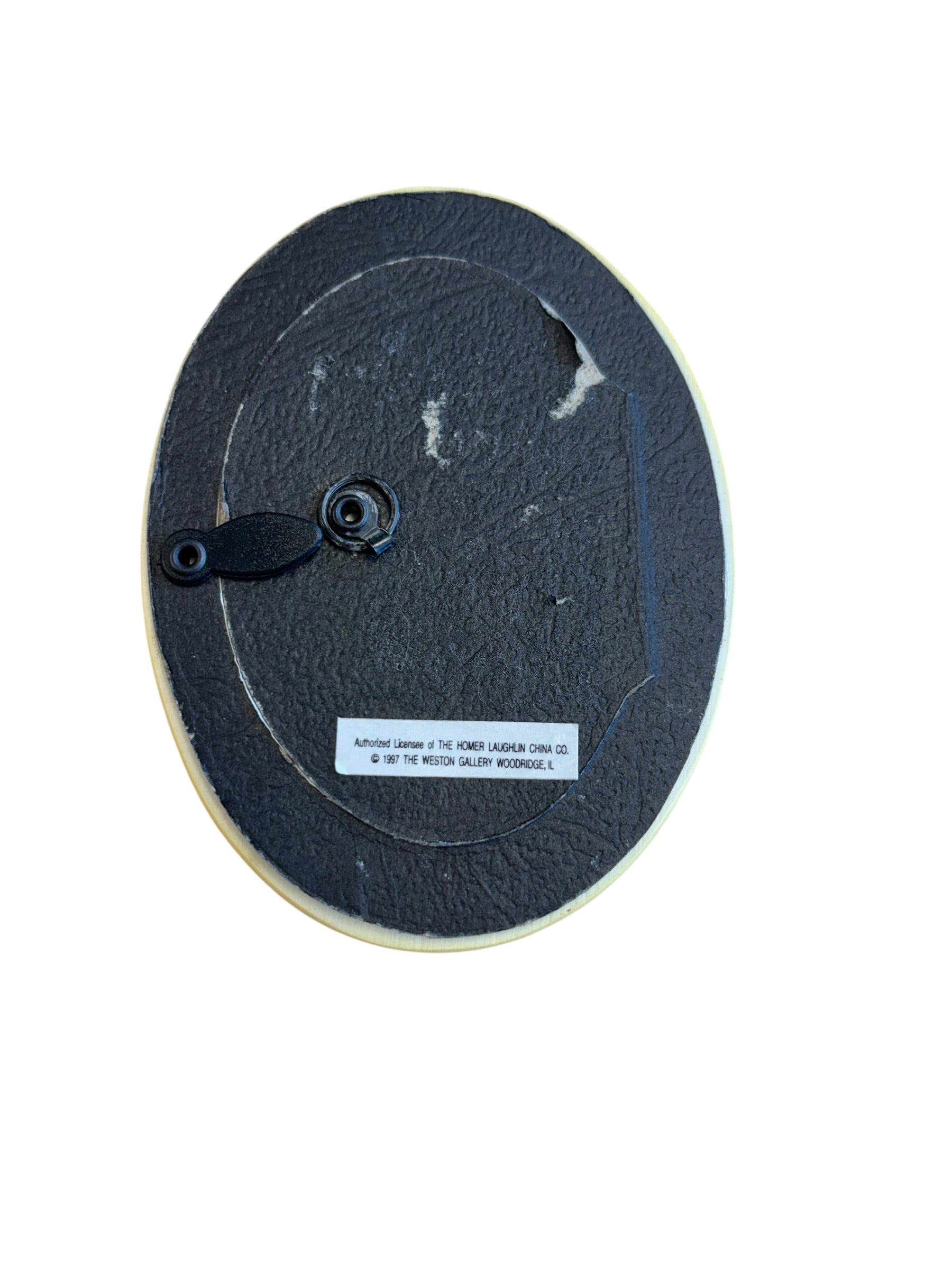 Back view of One Piece At A Time Fiesta Weston Gallery yellow oval picture frame with black backing and stand