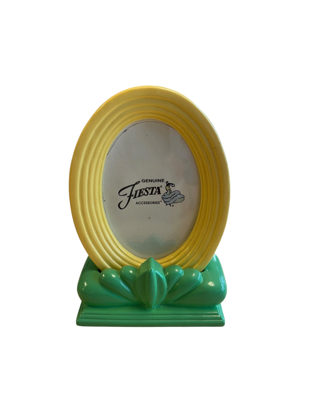 One Piece At A Time Fiesta Weston Gallery yellow oval picture frame with a green base and stand